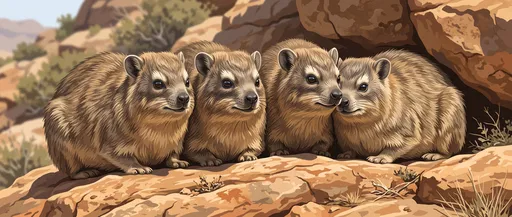 Four Rock Hyraxes on Sandstone Ledge