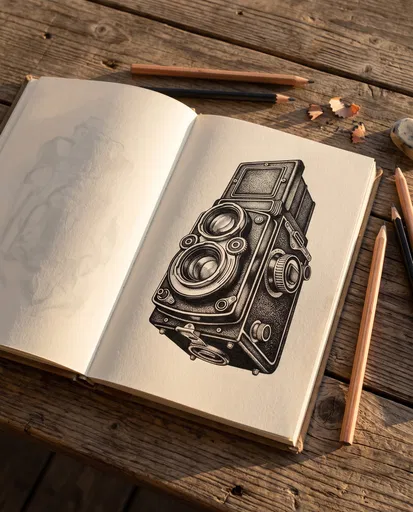 Vintage Camera Sketch in Open Notebook