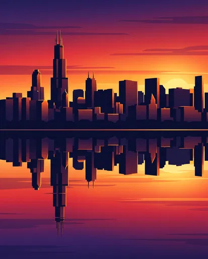 Chicago Skyline Sunset Vector Illustration