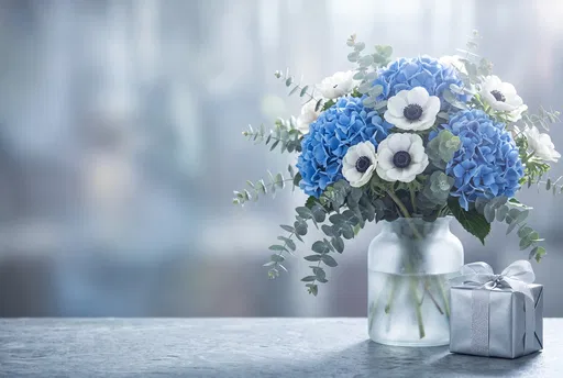 Blue Hydrangea Bouquet and Silver Gift