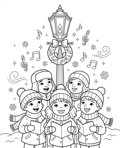 Children Singing Christmas Carols Coloring Page