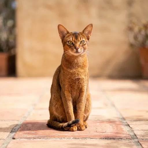 Abyssinian Cat Sitting on Terracotta Patio