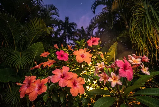 Illuminated Tropical Hibiscus and Plumeria at Twilight