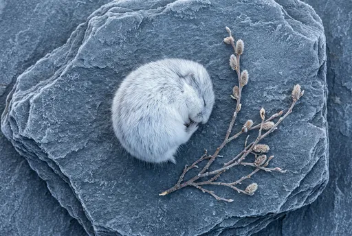 White Winter Lemming Sleeping on Frosted Slate