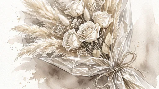 Watercolor Bouquet of Roses and Pampas Grass