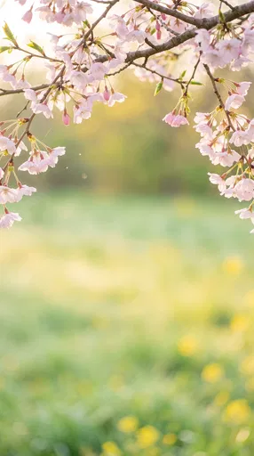 Pink Cherry Blossoms Over Spring Meadow