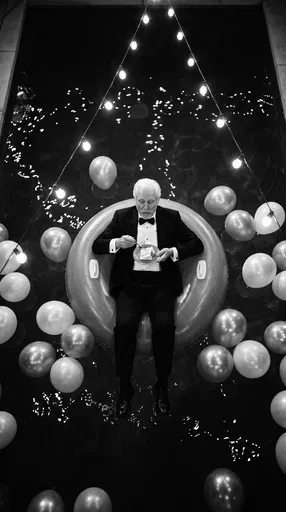 Senior Man in Tuxedo Floating in Pool