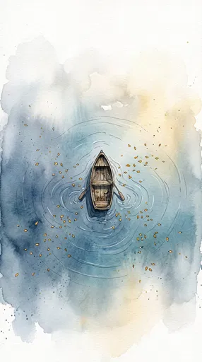 Watercolor Rowboat on Calm Autumn Lake
