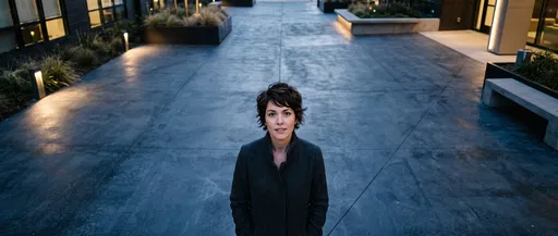 Woman With Short Hair in Modern Courtyard