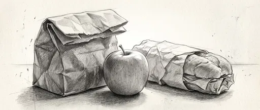 Graphite Pencil Drawing of Packed Lunch