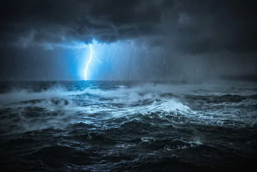 Lightning Strike Over Stormy Ocean Waves