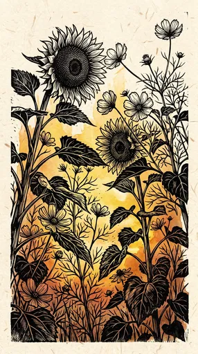 Woodcut Sunflowers and Cosmos Print