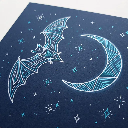 Geometric Bat and Moon Gel Pen Drawing