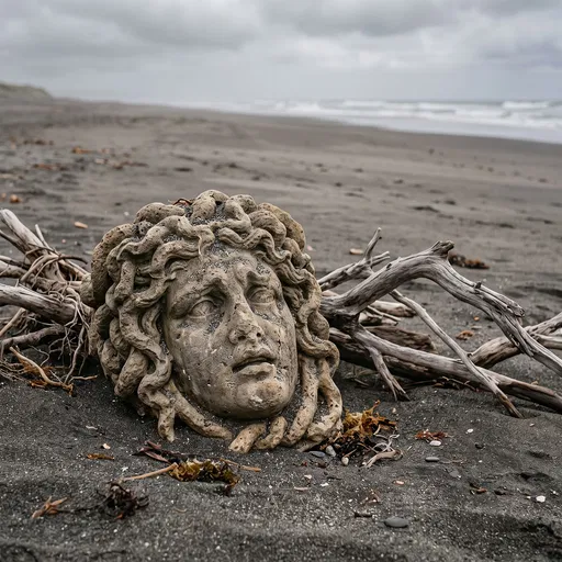 Weathered Gorgon Head on Dark Beach
