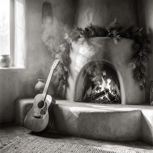 Acoustic Guitar Beside Festive Adobe Kiva Fireplace