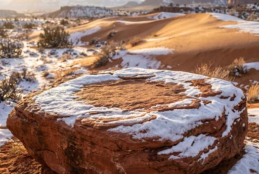 Snowy Sandstone Boulder in Desert