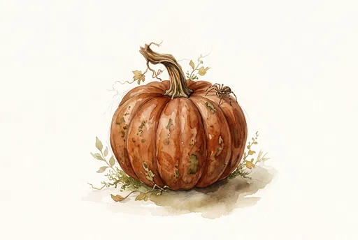 Watercolor Pumpkin With Garden Spider Illustration