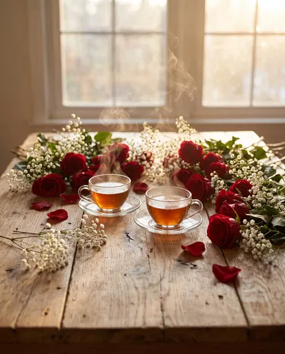 Two Steaming Glass Teacups With Red Roses