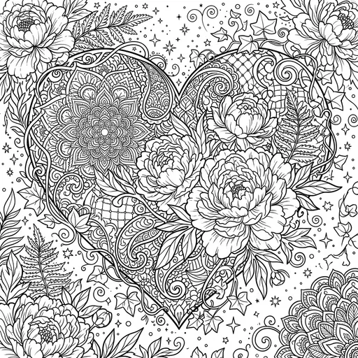Zentangle Heart and Peonies Coloring Page