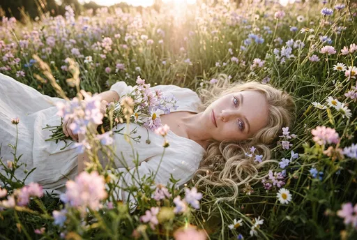 Blonde Woman Reclining in Wildflower Meadow