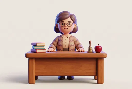 3D Cartoon Teacher Behind Wooden Desk