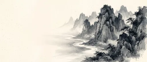 Sumi-e Ink Wash Mountain River Landscape