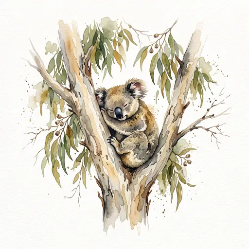 Watercolor Koala Sleeping in Eucalyptus Tree