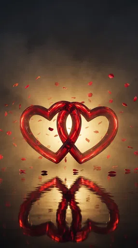 Intertwined Ruby Glass Hearts Over Water