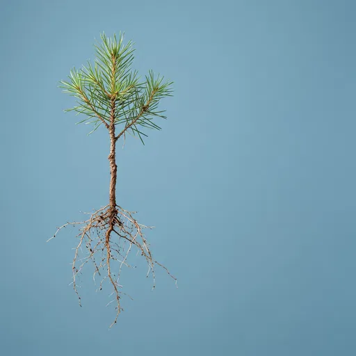 Pine Sapling With Exposed Roots on Blue