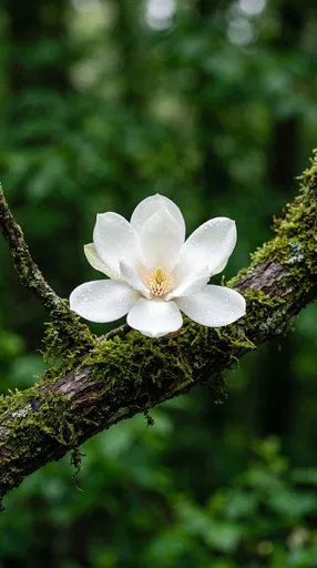 White Magnolia Blossom on Mossy Branch