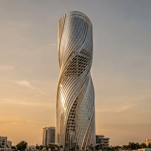 Twisting Glass Skyscraper at Golden Hour
