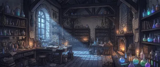 Moonlit Fantasy Alchemist Workshop Interior