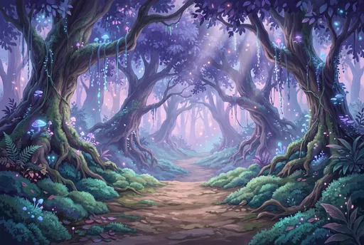 Enchanted Anime Forest Path with Glowing Flora