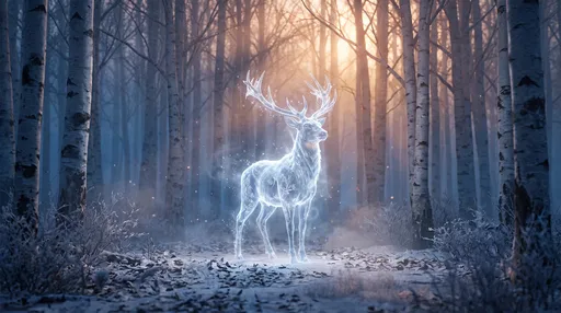 Glowing Frost Stag in Birch Forest