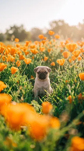 Fawn Pug Puppy in Orange Poppy Field
