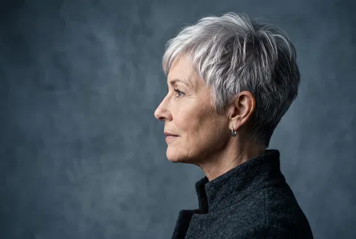 Senior Woman With Silver Pixie Haircut Profile
