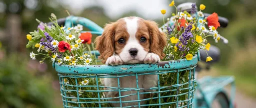 Spaniel Puppy in Turquoise Bicycle Basket