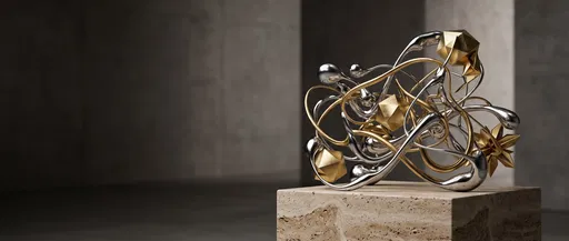 Abstract Chrome and Gold Sculpture on Pedestal