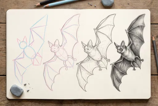 Four Stage Bat Drawing Progression Sketchbook