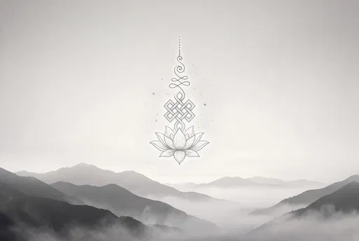 Minimalist Unalome Lotus Over Misty Mountains