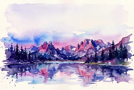 Watercolor Mountain Lake Twilight Landscape