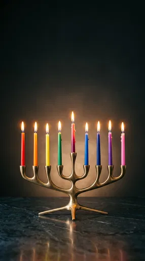 Brass Menorah With Lit Rainbow Candles