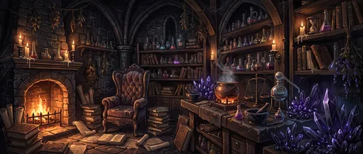 Gothic Alchemist Workshop With Glowing Fireplace