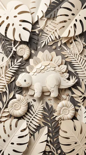 Paper-Cut Stegosaurus and Tropical Leaves