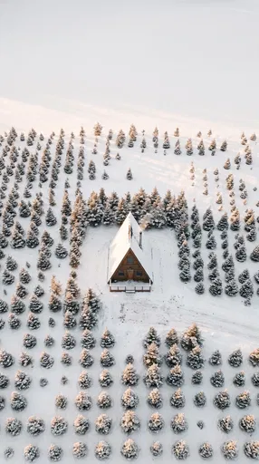 Aerial View of Snowy A-Frame Cabin
