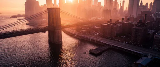 Aerial Sunrise Over Brooklyn Bridge and Manhattan