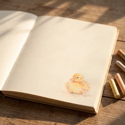 Pastel Duckling Drawing in Open Sketchbook