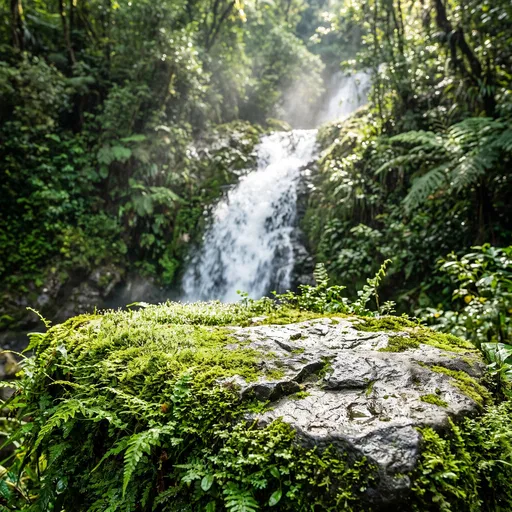 Mossy Stone Ledge by Forest Waterfall