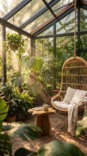 Cozy Sunroom With Hanging Rattan Chair
