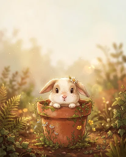 Cute Cartoon Bunny in Terracotta Flowerpot